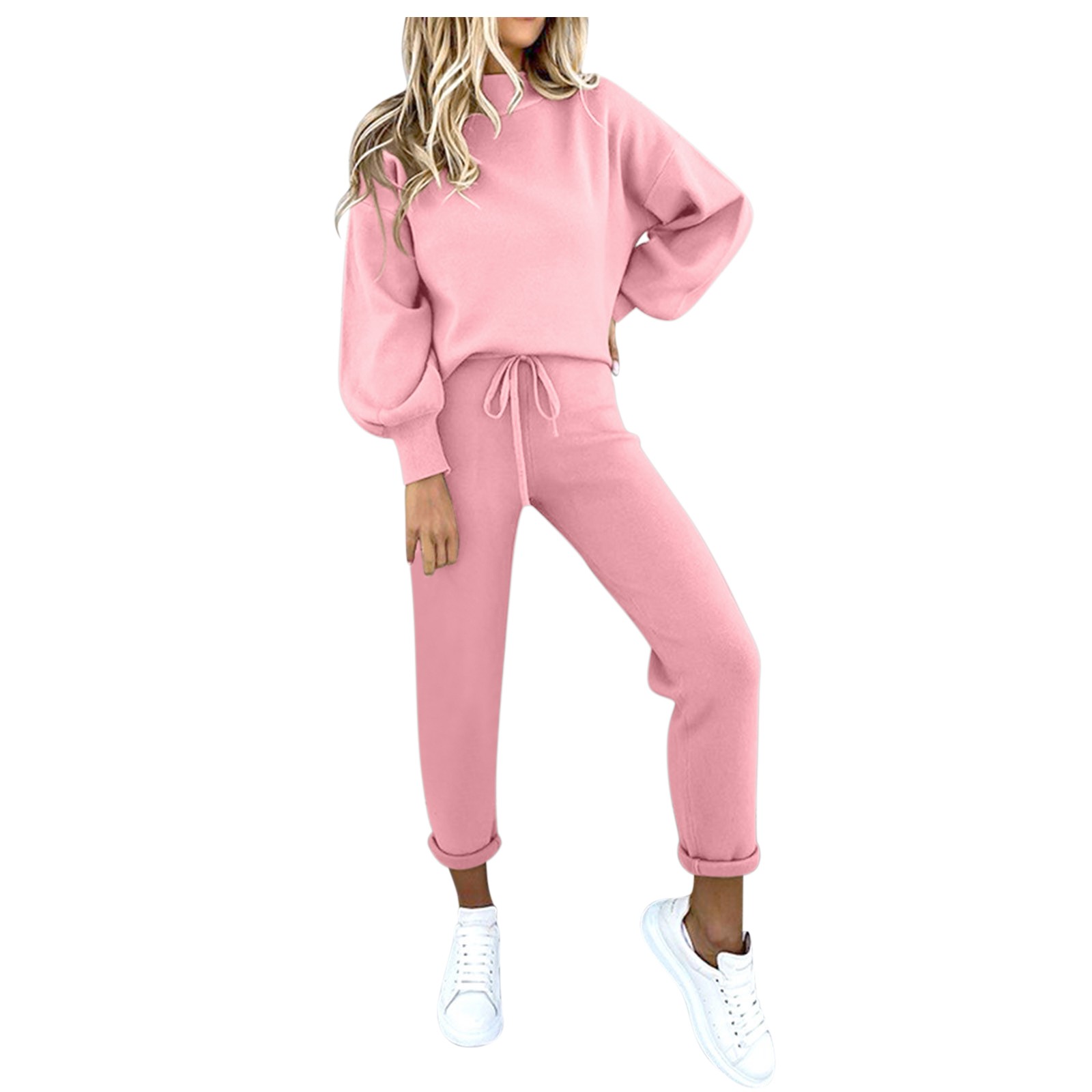 thumbnail image 4 of Conjunto de blusa informal de cuello redondo y pantalones con bolsillos para mujer, poliéster, tallas múltiples, 4 of 8